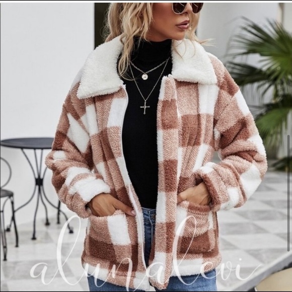 C53) New! Ultra Soft Plush Plaid Jacket Coat Pockets - Picture 4 of 5